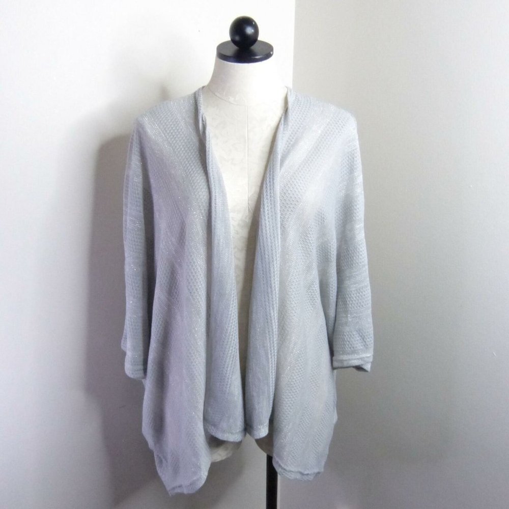 Janice Women's OS Gray Silver Metallic Open-Knit Dolman Draped Sweater Cardigan